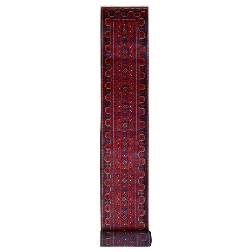 Deep and Saturated Red, Soft Organic Wool Hand Knotted, Afghan Khamyab with Geometric Design, XL Runner Oriental Rug