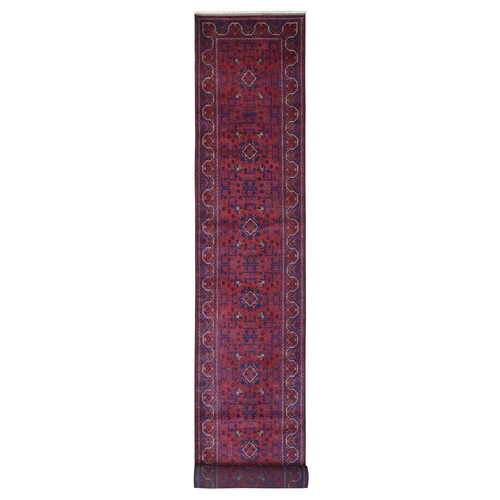 Deep and Saturated Red, Soft and Velvety Wool Hand Knotted, Afghan Khamyab with Geometric Design, XL Runner Oriental 