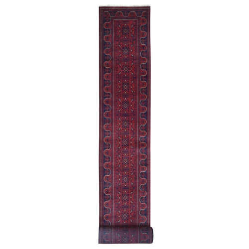 Deep and Saturated Red, Hand Knotted Afghan Khamyab with Geometric Design, Pure Wool, XL Runner Oriental 