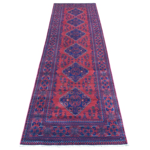 Deep and Saturated Red, Soft and Shiny Wool Hand Knotted, Afghan Khamyab with Tribal Medallion Design, Runner Oriental Rug