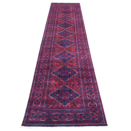 Deep and Saturated Red, Afghan Khamyab with Tribal Medallions Design, Soft and Shiny Wool Hand Knotted, Runner Oriental Rug