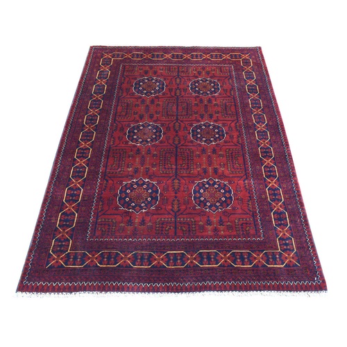 Deep and Saturated Red, Hand Knotted with Tribal Design, Soft and Shiny Wool Afghan Khamyab Oriental Rug