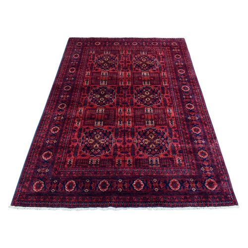 Deep and Saturated Red, Natural Dyes Afghan Khamyab, Velvety Wool, Geometric Design Pure Wool Oriental Rug