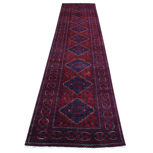 Deep and Saturated Red Hand Knotted with Tribal Design, Soft and Shiny Wool, Afghan Khamyab Runner Oriental 