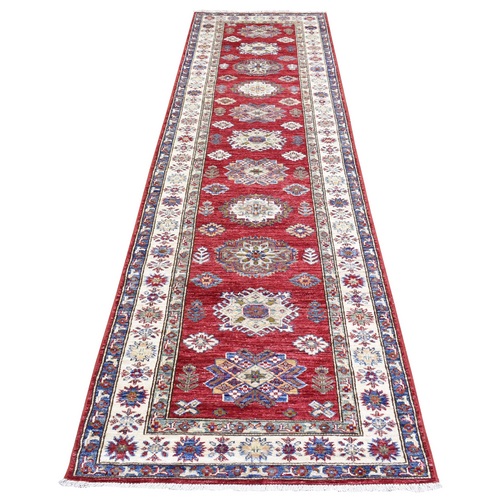 Rich Red Hand Knotted, Extra Soft Wool, Afghan Super Kazak with Geometric Medallions, Natural Dyes Runner Oriental 