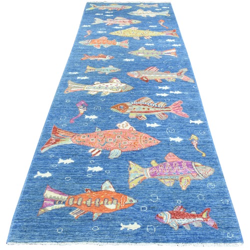 Denim Blue, Pure Wool Hand Knotted, Afghan Peshawar with Colorful Oceanic Fish Design, Natural Dyes Densely Weave, Wide Runner Oriental Rug