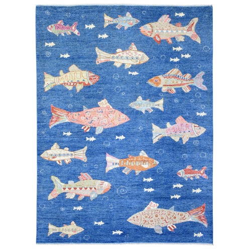 Denim Blue, Afghan Peshawar with Colorful Oceanic Fish Design, Natural Dyes Densely Weave, Pure Wool Hand Knotted, Oriental Rug