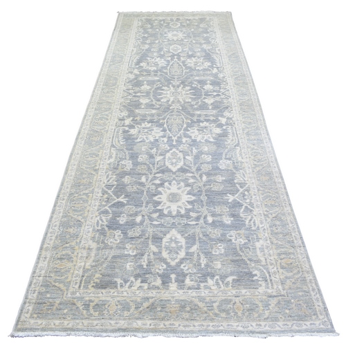 Charcoal Gray, Stone Wash Peshawar with All Over Leaf Design, Natural Dyes Velvety Wool Hand Knotted, Wide Runner Oriental 