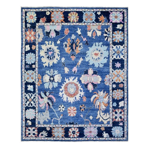 Denim Blue Hand Knotted Afghan Angora Oushak with Colorful Floral Pattern, Natural Dyes Pure Wool, Oriental Rug
