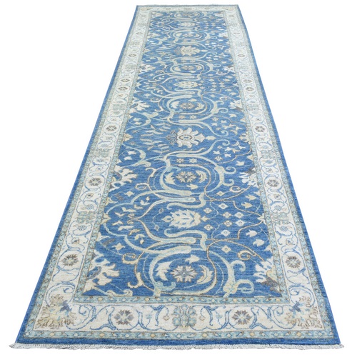 Sapphire Blue, Fine Peshawar with Heriz Design, Natural Dyes Dense Weave, Soft and Velvety Wool Hand Knotted, Wide Runner Oriental 