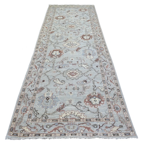 Gray Afghan Angora Oushak with Branch and Flower Design Natural Dyes, Soft Wool Hand Knotted, Wide Runner Oriental 
