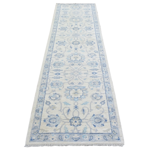Ivory, White Wash Peshawar with All Over Floral Motifs Natural Dyes, Soft and Velvety Wool Hand Knotted, Runner Oriental 