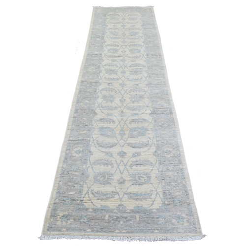 Ivory, Hand Knotted White Wash Peshawar with All Over Leaf Design, Natural Dyes Soft and Velvety Wool, Runner Oriental 