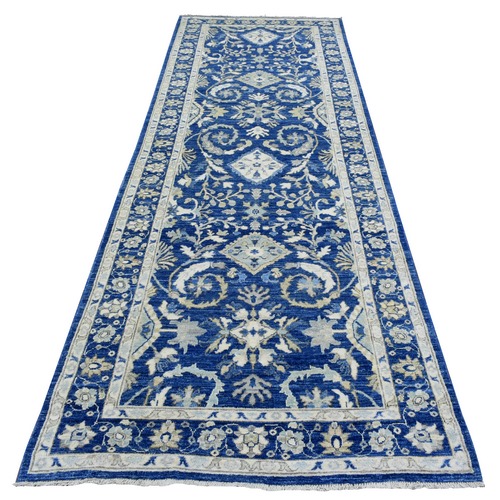 Navy Blue, Fine Peshawar with Ziegler Mahal Design, Natural Dyes Dense Weave, Soft and Velvety Wool Hand Knotted, Wide Runner Oriental Rug Navy Blue, Fine Peshawar with Ziegler Mahal Design, Natural Dyes Dense Weave, Soft and Velvety Wool Hand Knotted, Wide Runner Oriental Rug