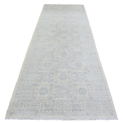 Ivory, White Wash Peshawar with Geometric Design Natural Dyes, Organic Wool Hand Knotted, Wide Runner Oriental 