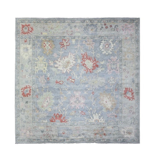 Opal Gray Hand Knotted Afghan Angora Oushak with Colorful Floral Pattern, Natural Dyes Pure Wool, Square Oriental 