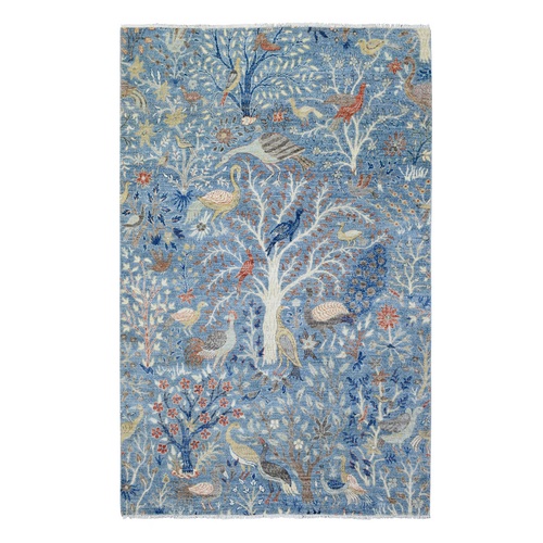Denim Blue, Natural Dyes Hand Knotted, Natural Wool Afghan Peshawar with Birds of Paradise Design, Oriental Rug