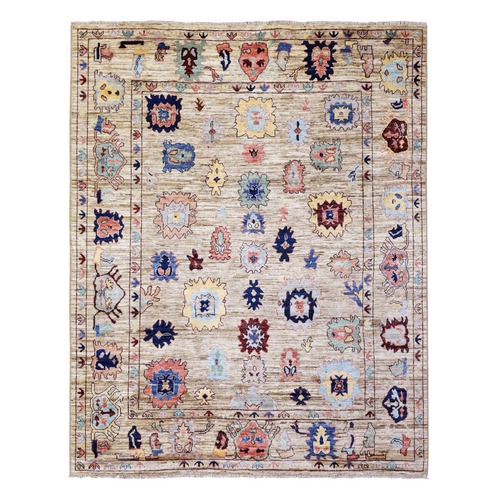 Beige, Pure Wool Hand Knotted, Afghan Angora Oushak with Colorful Motifs Vegetable Dyes, Oriental 