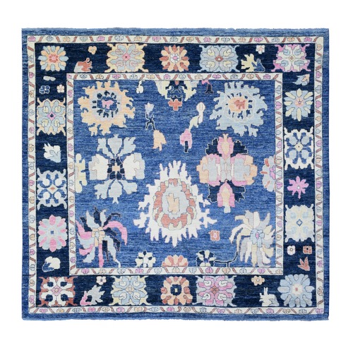Sapphire Blue, Hand Knotted Afghan Angora Oushak with Pop of Color, Natural Dyes Extra Soft Wool, Square Oriental Rug
