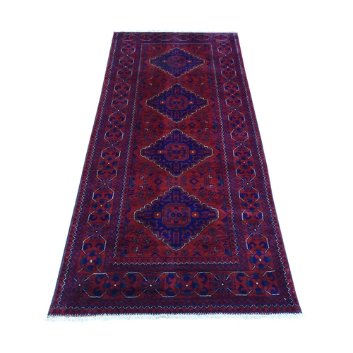 Deep and Saturated Red, Hand Knotted with Tribal Design, Soft and Shiny Wool Afghan Khamyab Runner Oriental Rug