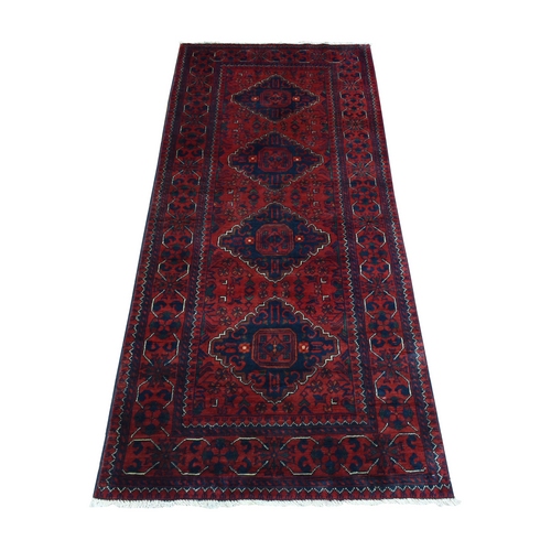 Deep and Saturated Red, Tribal Design Velvety Wool, Afghan Khamyab Hand Knotted Runner Oriental Rug