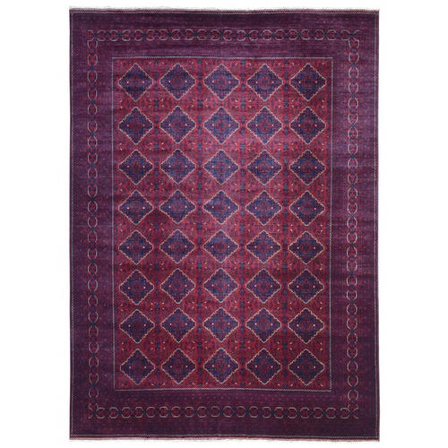 Deep and Saturated Red, Hand Knotted with Tribal Design, Soft and Shiny Wool Afghan Khamyab Oriental Rug