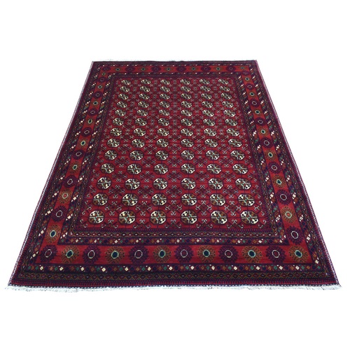 Deep and Saturated Red With Geometric Design Hand Knotted Afghan Khamyab, Velvety Wool Oriental Rug