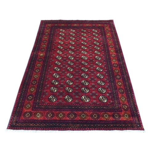 Deep and Saturated Red, Afghan Khamyab Bokara, Velvety Wool with Tribal Design Hand Knotted Oriental Rug