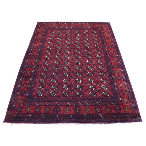 Deep and Saturated Red with Geometric Design Hand Knotted, Afghan Khamyab, Velvety Wool Oriental Rug