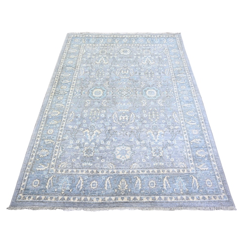 Blueish Gray, Hand Knotted White Wash Peshawar with Floral Pattern, Extra Soft Wool, Oriental 
