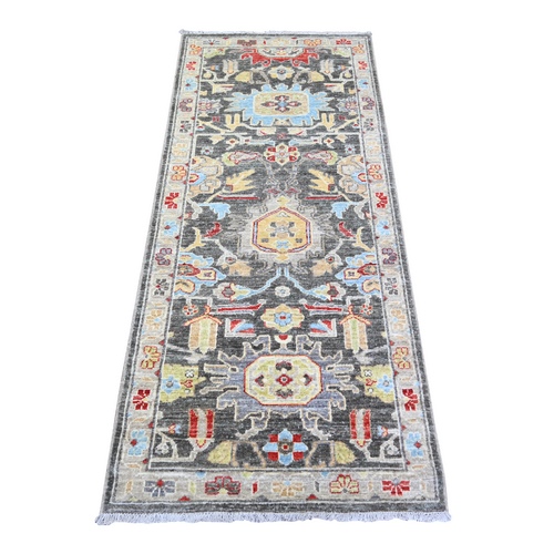 Charcoal Gray, Hand Knotted, Finer Peshawar with Large Medallions Design, Dense Weave Vegetable Dyes, Organic Wool, Runner Oriental 