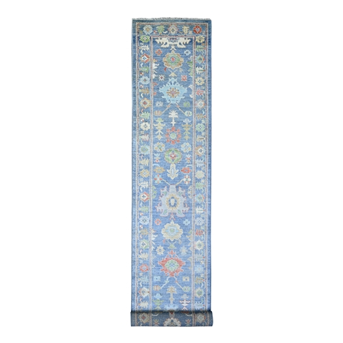 Air Superiority Blue, Hand Knotted Afghan Angora Oushak with Colorful Motifs, Natural Dyes Natural Wool, XL Runner Oriental 