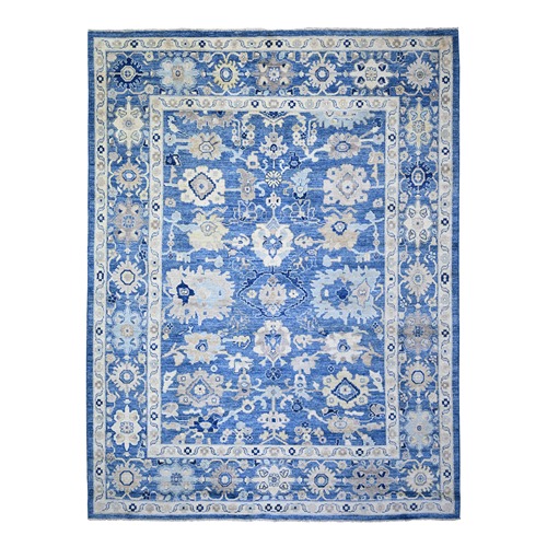 Sapphire Blue, Vegetable Dyes Soft Wool, Hand Knotted Afghan Angora Oushak with All Over Motifs, Oriental 