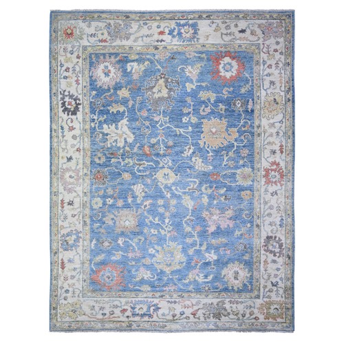 Coronet Blue, Afghan Angora Oushak with Floral Pattern, Vegetable Dyes Organic Wool, Hand Knotted, Oriental 