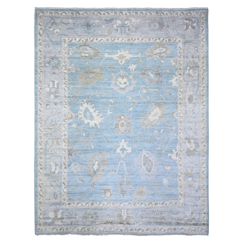 Faded Denim, Afghan Angora Oushak with Leaf Design, Hand Knotted, Vegetable Dyes, Pure Wool, Oriental 