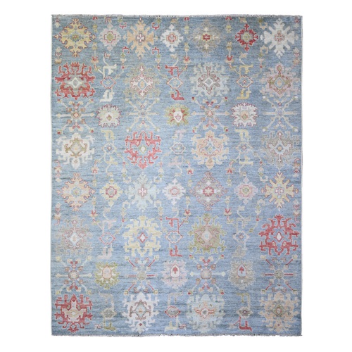 Powder Blue, Afghan Angora Oushak with Geometric Leaf Design Vegetable Dyes, Pure Wool, Hand Knotted, Borderless, Oriental 