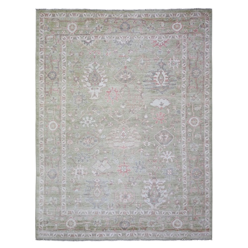 Spray Green, Hand Knotted Afghan Angora Oushak with Geometric Leaf Design, Organic Wool, Vegetable Dyes, Oriental 
