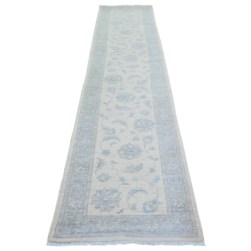 Ivory, Extra Soft Wool Hand Knotted, Stone Washed Peshawar with Leaf and Floral Pattern, Runner Oriental 