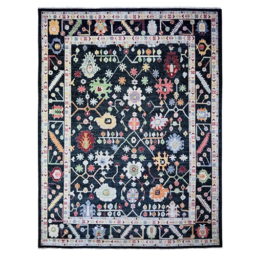 Charcoal Black, Pure Wool, Afghan Angora Oushak with Pop of Color, Leaf Design, Oversized, Hand Knotted Vegetable Dyes, Oriental Rug