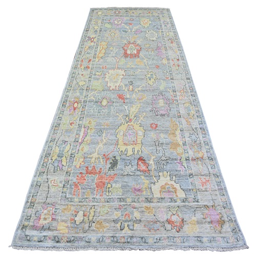 Stone Gray, Afghan Angora Oushak with Colorful Leaf Design, Vegetable Dyes, Pure Wool, Hand Knotted Wide Runner Oriental 