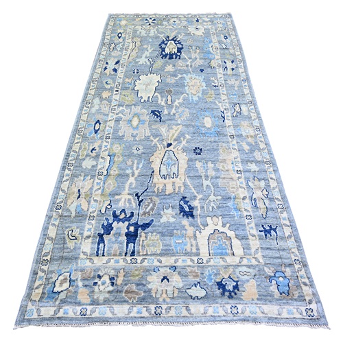 Blue, Afghan Angora Oushak with All Over Leaf Design, Vegetable Dyes, Soft Wool, Hand Knotted, Wide Runner Oriental Rug