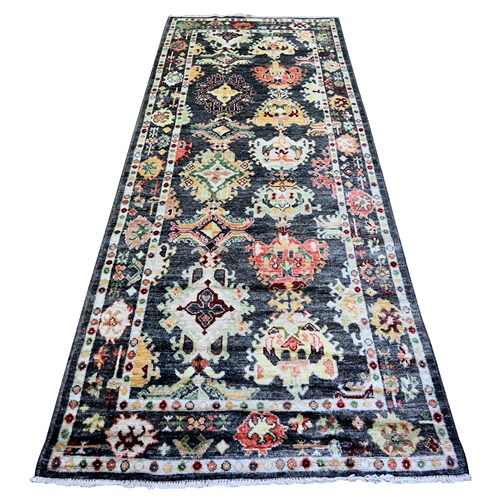 Charcoal Black, Afghan Angora Oushak with Pop of Color, Geometric Leaf Design, Vegetable Dyes, Soft Wool, Hand Knotted Wide Runner Oriental 