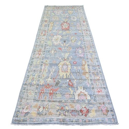 Blue Gray, Pure Wool, Hand Knotted, Afghan Angora Oushak with Leaf Design, Vegetable Dyes Wide Runner Oriental 