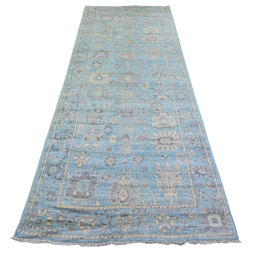 Cerulean Blue, Hand Knotted, Afghan Angora Oushak with Branch and Flower Design, Vegetable Dyes, Pure Wool, Wide Runner Oriental 