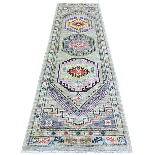 Taupe, Afghan Angora Oushak with Geometric Medallion Design, Soft Wool, Hand Knotted, Vegetable Dyes, Runner Oriental Rug