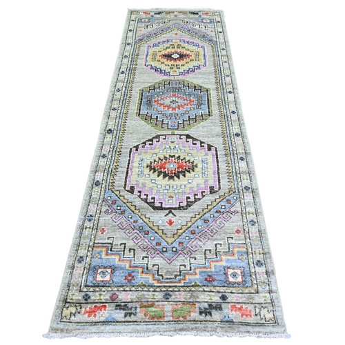 Taupe, Vegetable Dyes, Soft Wool, Afghan Angora Oushak with Geometric Medallion Design, Hand Knotted, Runner Oriental Rug