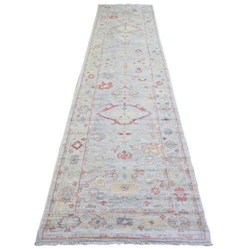 Beige, Afghan Angora Oushak with All Over Motifs, Vegetable Dyes, Soft Wool, Hand Knotted, Wide Runner, Oriental 