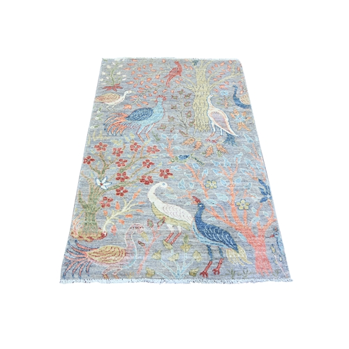 Cadet Gray, Hand Knotted Afghan Peshawar with Birds of Paradise, Vegetable Dyes Extra Soft Wool, Oriental Rug