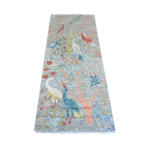 Cadet Gray, Afghan Peshawar with Birds of Paradise Natural Dyes, Natural Wool Hand Knotted, Runner Oriental Rug