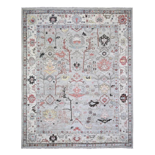 Cloud Gray, Vegetable Dyes Extra Soft Wool, Hand Knotted Afghan Angora Oushak with Trees and Floral Pattern, Oriental 